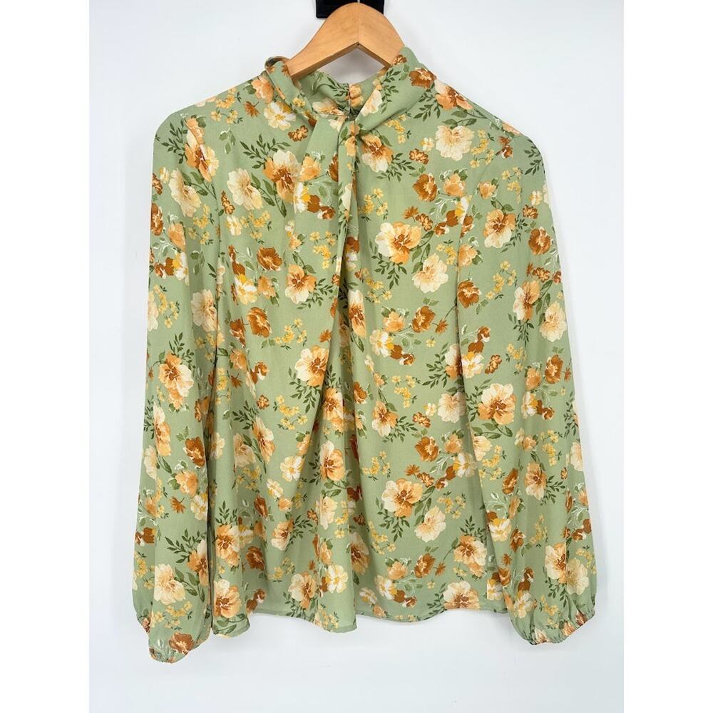 Pleione Women’s Medium Green Floral Long Sleeve Blouse Top Boho Romantic Cottage